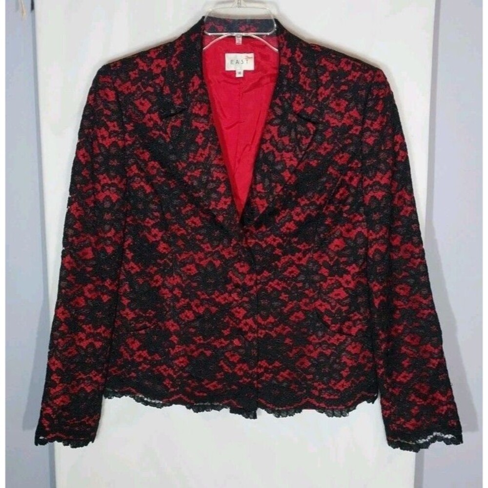 East Lace Blazer Jacket Women’s 14 Black Red Silk Lined Gothic Romantic 90s